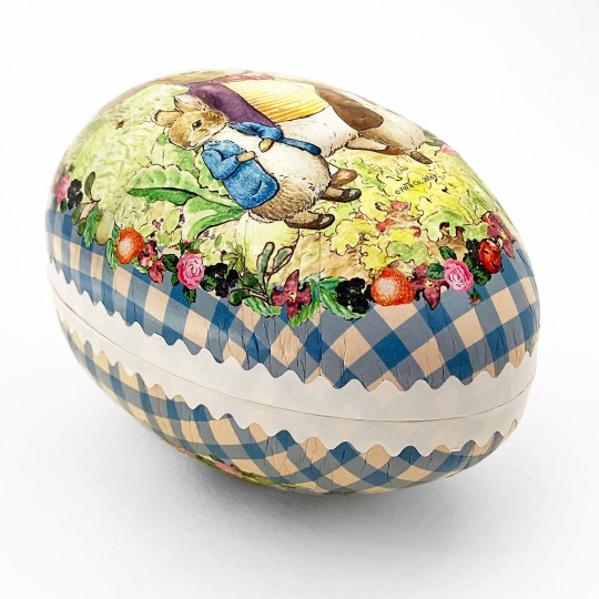 6" Peter Rabbit Bunny Trio with Gingham Border Papier Mache Easter Egg Container ~ Germany